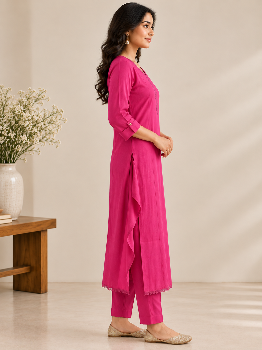 Women's Magenta Pink Embroidered Kurta Pant Set - Image 4