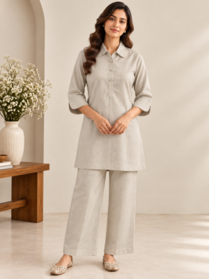 Women's Beige Shirt Collar Co-ords Sets