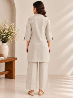 Women's Beige Shirt Collar Co-ords Sets
