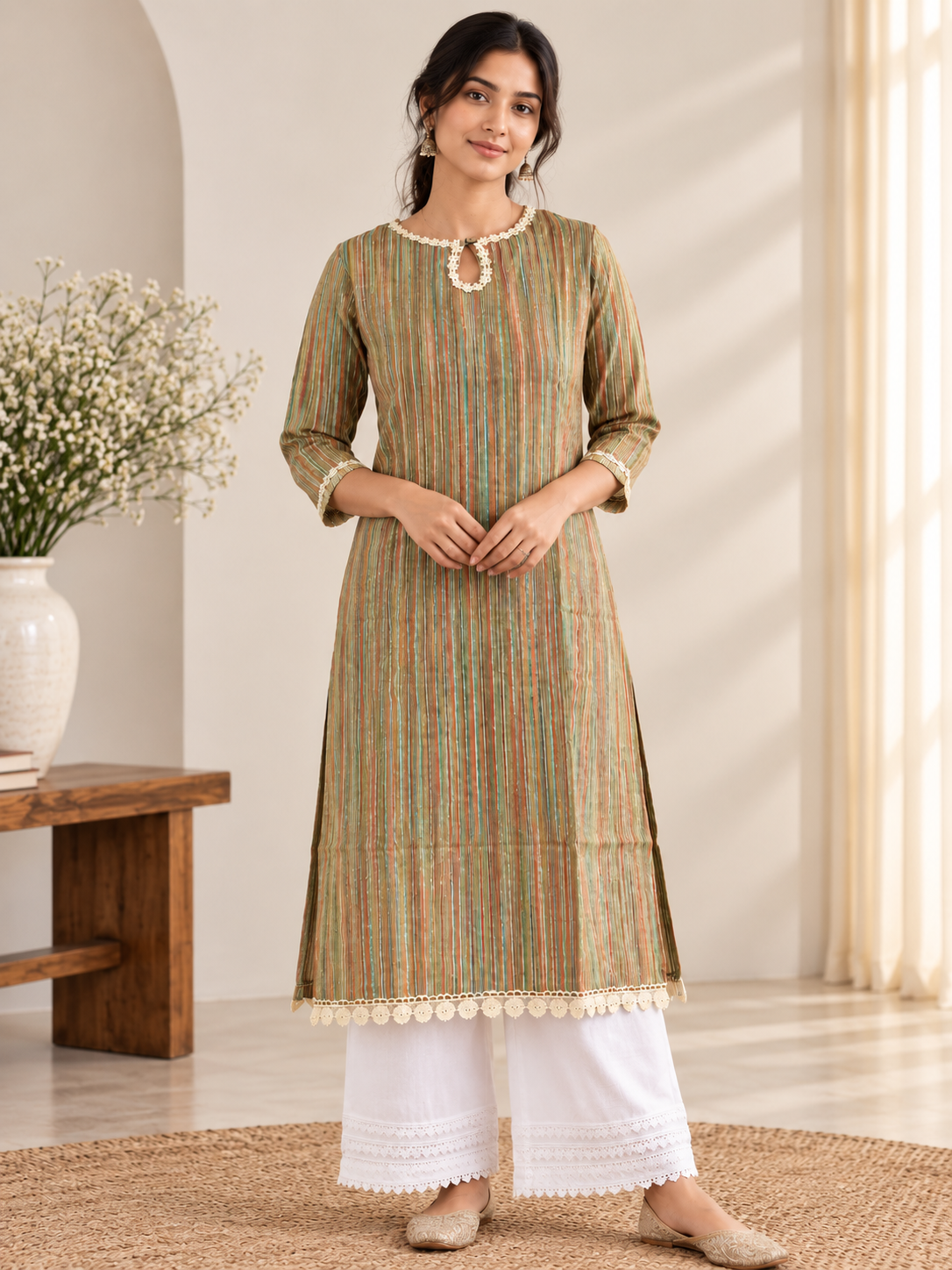 Women's Round Neck Multicolor Vertical Striped Straight Kurti