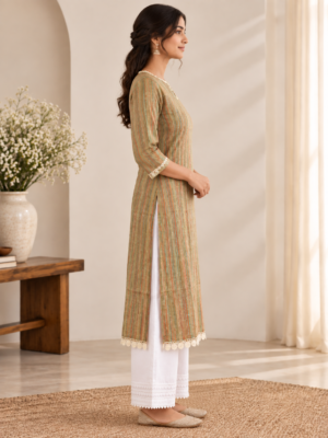 Women's Round Neck Multicolor Vertical Striped Straight Kurti