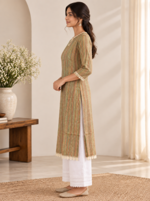 Women's Round Neck Multicolor Vertical Striped Straight Kurti