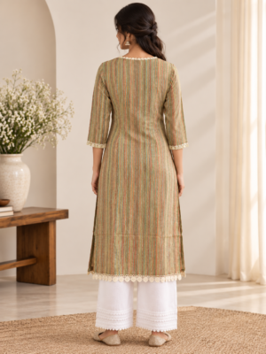 Women's Round Neck Multicolor Vertical Striped Straight Kurti