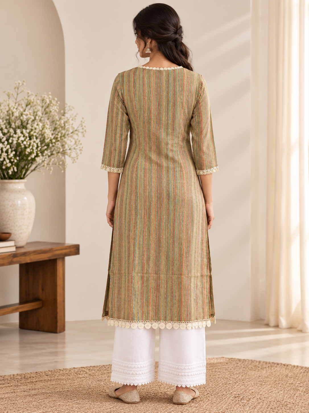 Women's Round Neck Multicolor Vertical Striped Straight Kurti - Image 4