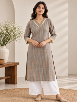 Women's V-Neck Multicolor Striped Kurti