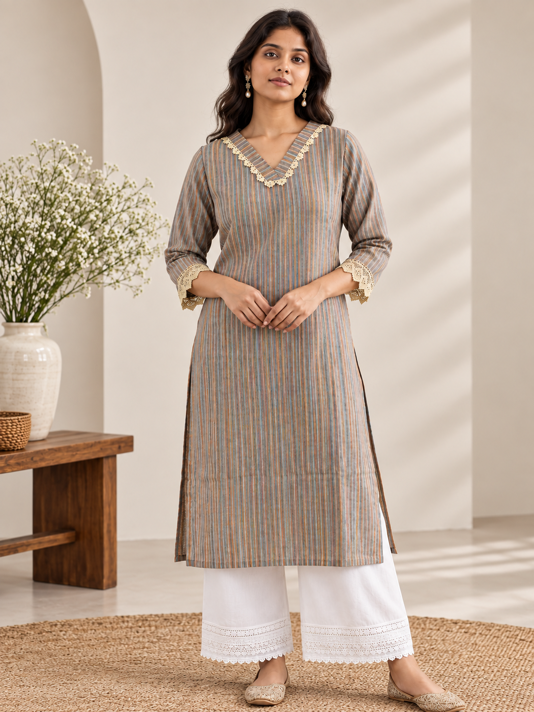 Women's V-Neck Multicolor Striped Kurti