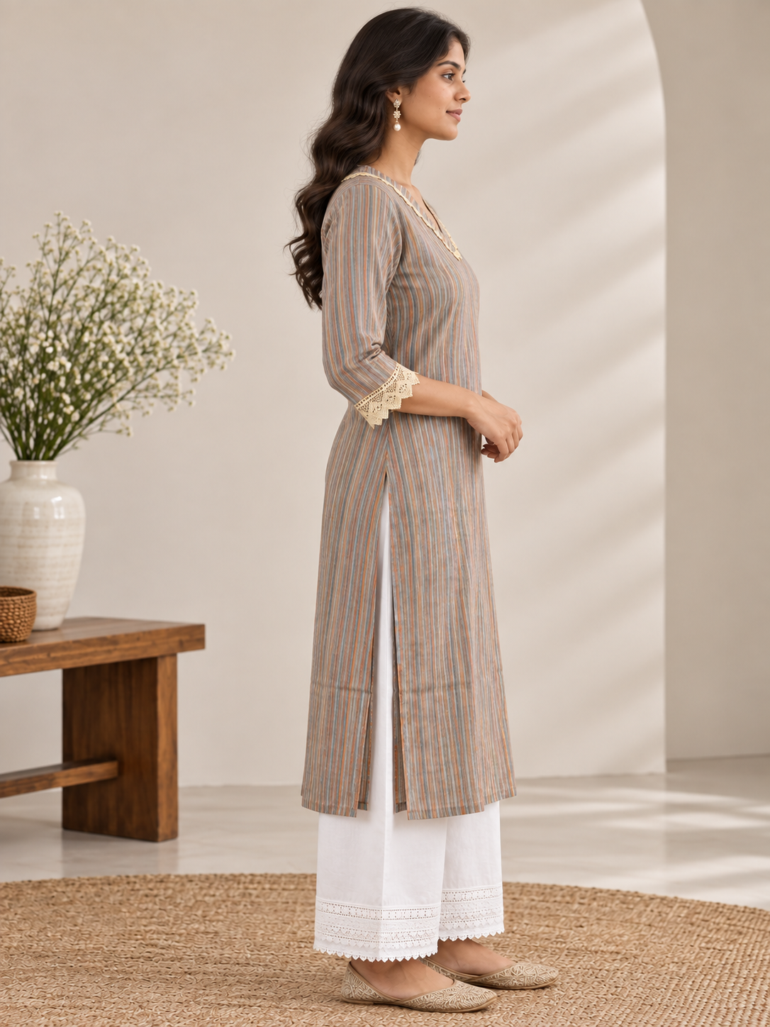 Women's V-Neck Multicolor Striped Kurti - Image 3