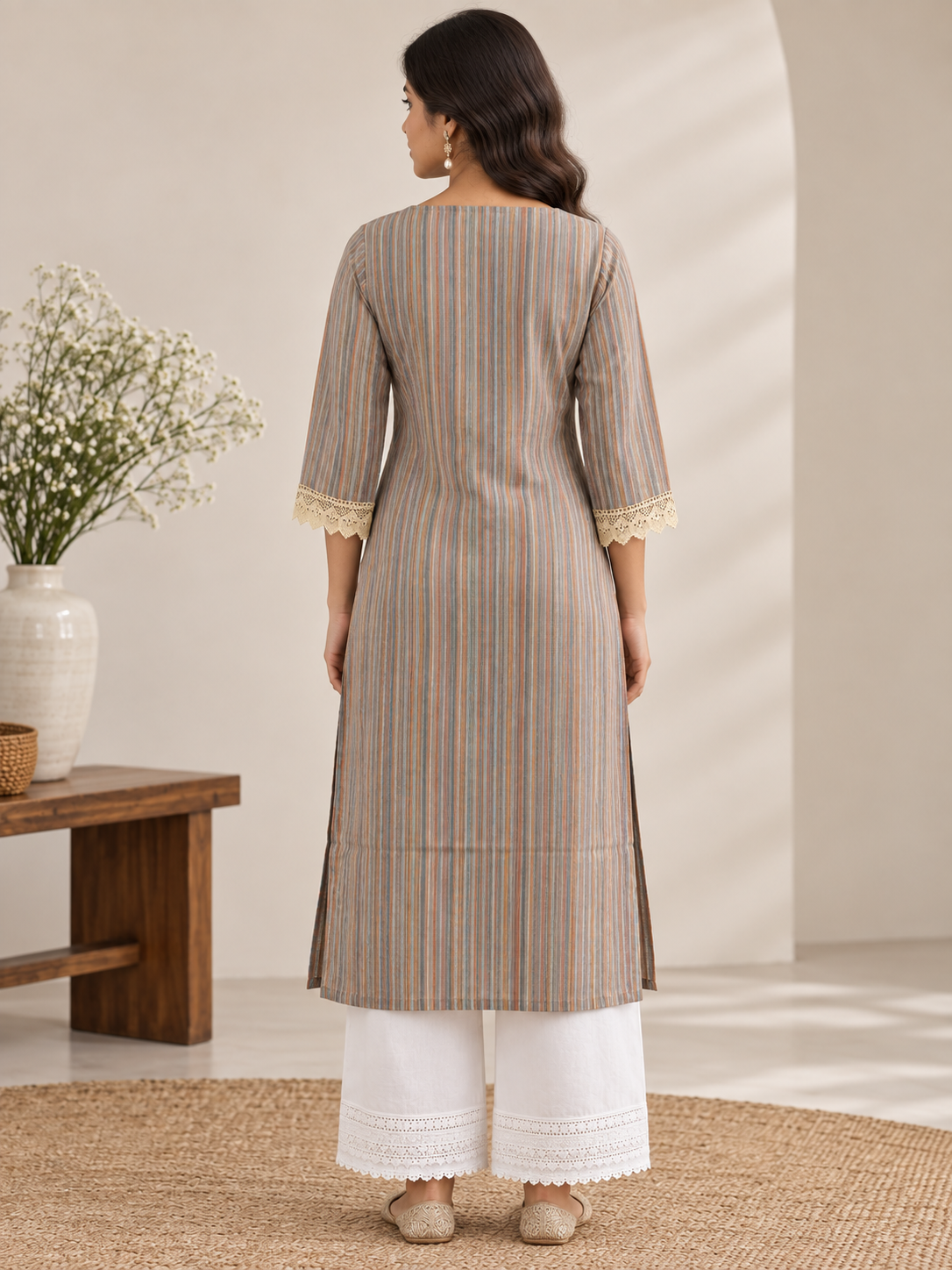 Women's V-Neck Multicolor Striped Kurti - Image 2