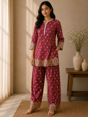 Maroon Ornament Embroidered Co-ord Set