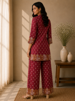 Maroon Ornament Embroidered Co-ord Set