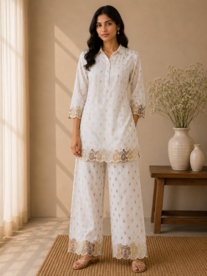 White Ornament Embroidered Co-ord Set
