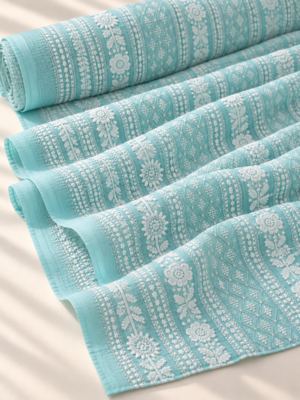 Aqua Blue Embroidered Georgette Fabric with White Floral Patterns