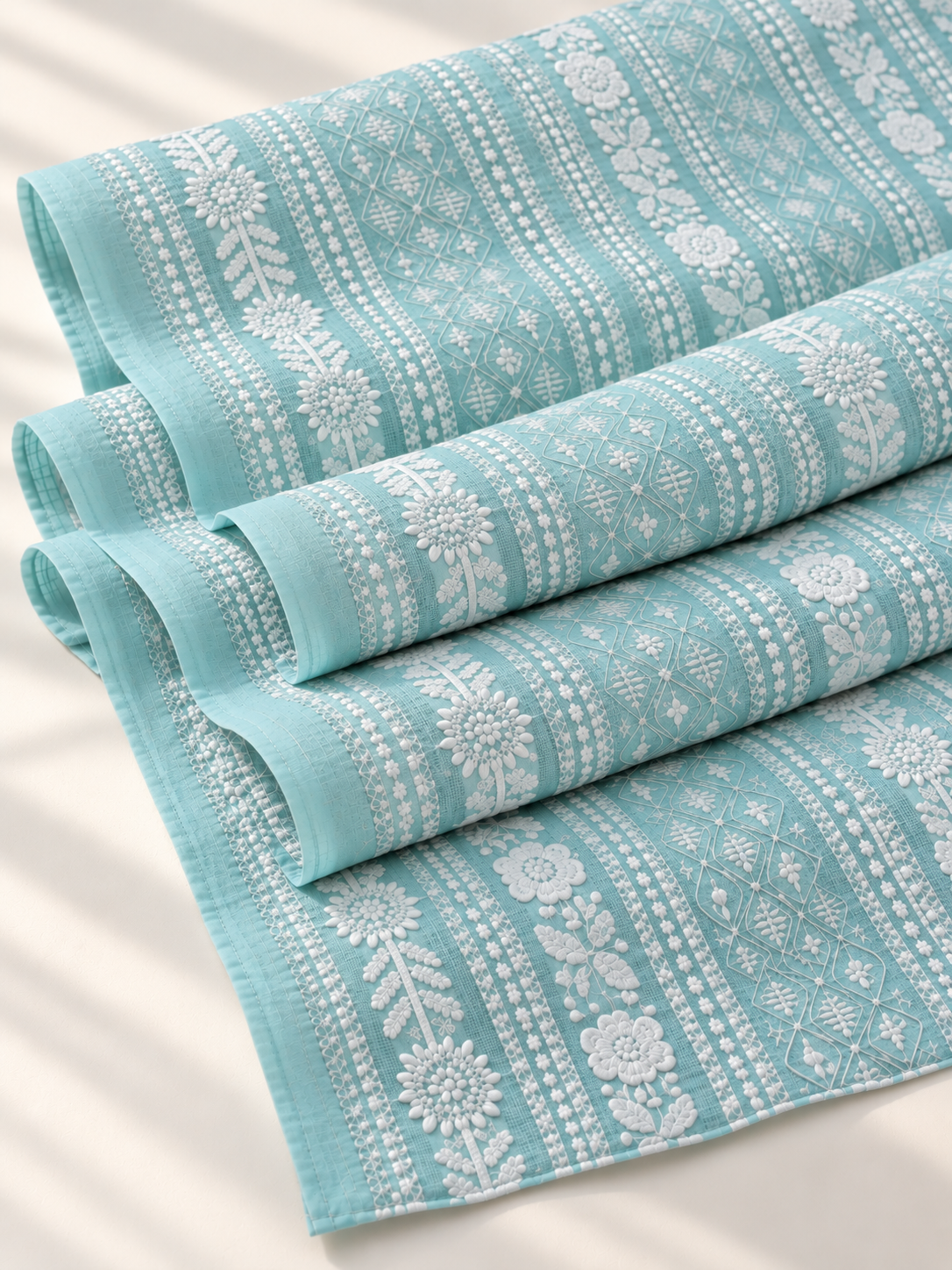 Aqua Blue Embroidered Georgette Fabric with White Floral Patterns - Image 5