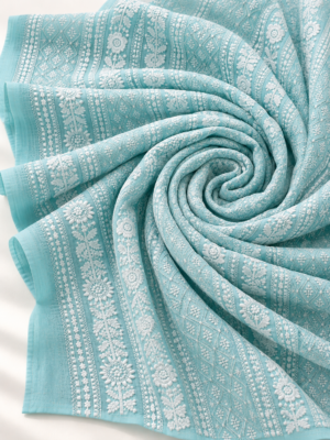 Aqua Blue Embroidered Georgette Fabric with White Floral Patterns
