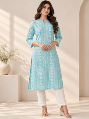 Aqua Blue Embroidered Georgette Fabric with White Floral Patterns