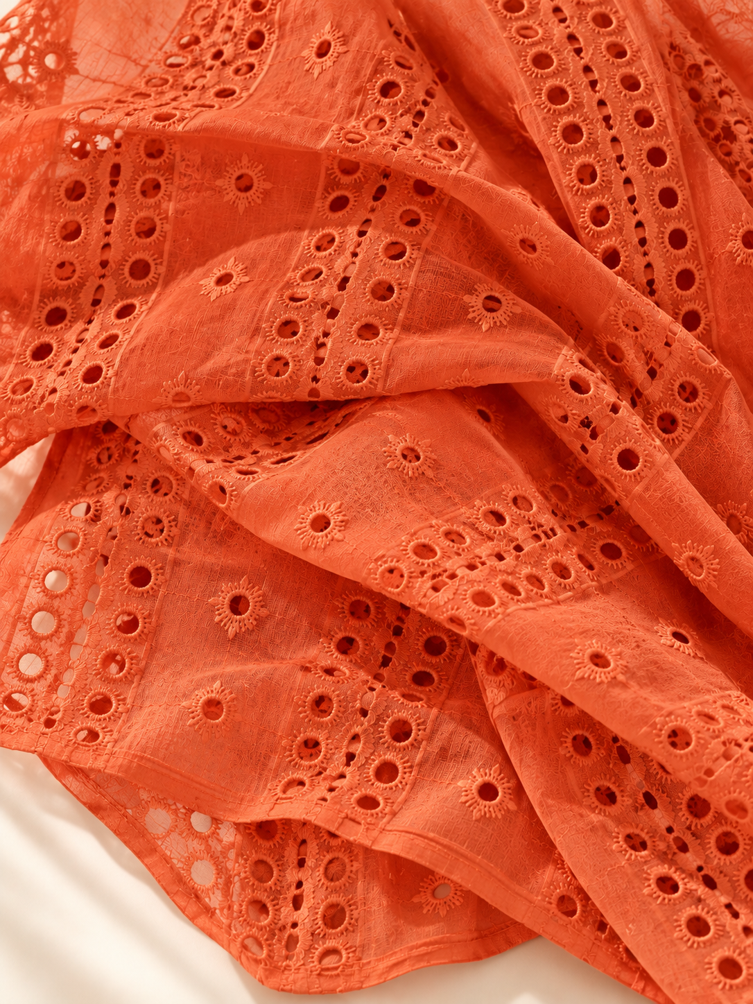 Warm Orange Eyelet Embroidered Georgette Fabric - Image 4