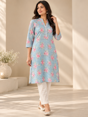 Blue Floral Printed Embroidery Fabric