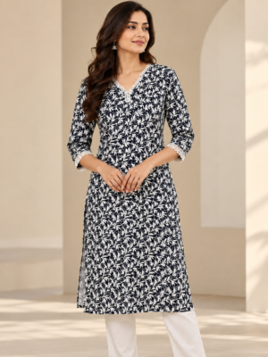 Premium Navy Blue Botanical Embroidered Fabric
