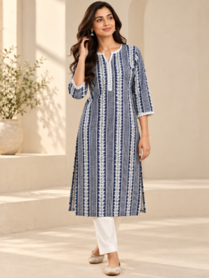 Premium Navy Blue Cotton Embroidered Fabric – Leaf & Grid Pattern