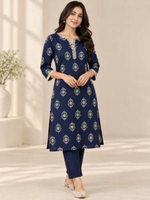 Premium Floral Motif Navy Blue Embroidered Fabric