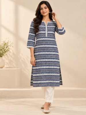 Premium Navy Blue Cotton Embroidered Fabric – Leaf & Grid Pattern