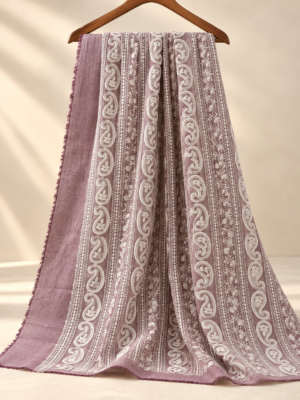 Premium Mauve Cotton Fabric with White Embroidered Paisley Design