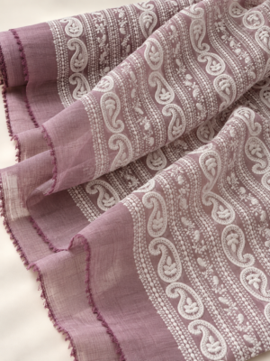 Premium Mauve Cotton Fabric with White Embroidered Paisley Design