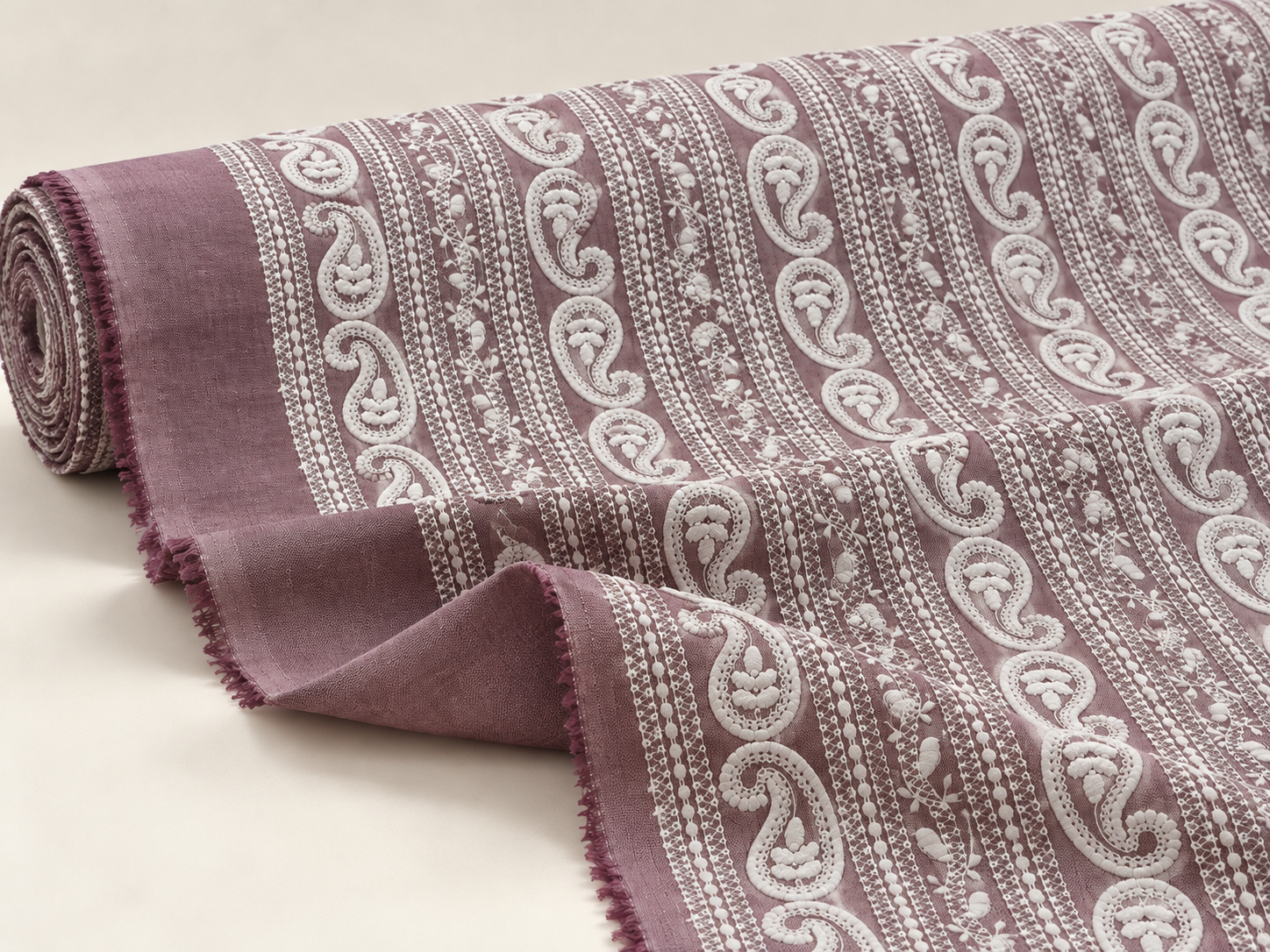 Premium Mauve Cotton Fabric with White Embroidered Paisley Design - Image 5