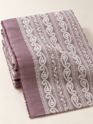 Premium Mauve Cotton Fabric with White Embroidered Paisley Design