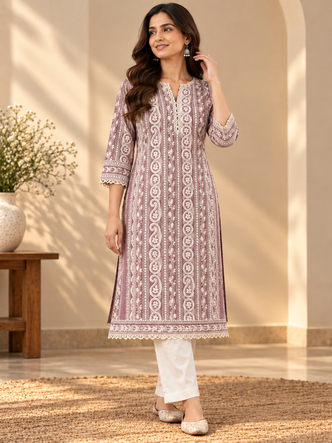 Premium Mauve Cotton Fabric with White Embroidered Paisley Design - Image 2