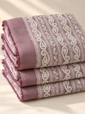 Premium Mauve Cotton Fabric with White Embroidered Paisley Design