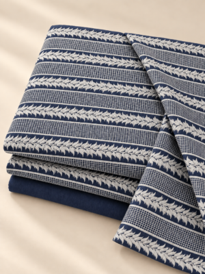 Premium Navy Blue Cotton Embroidered Fabric – Leaf & Grid Pattern