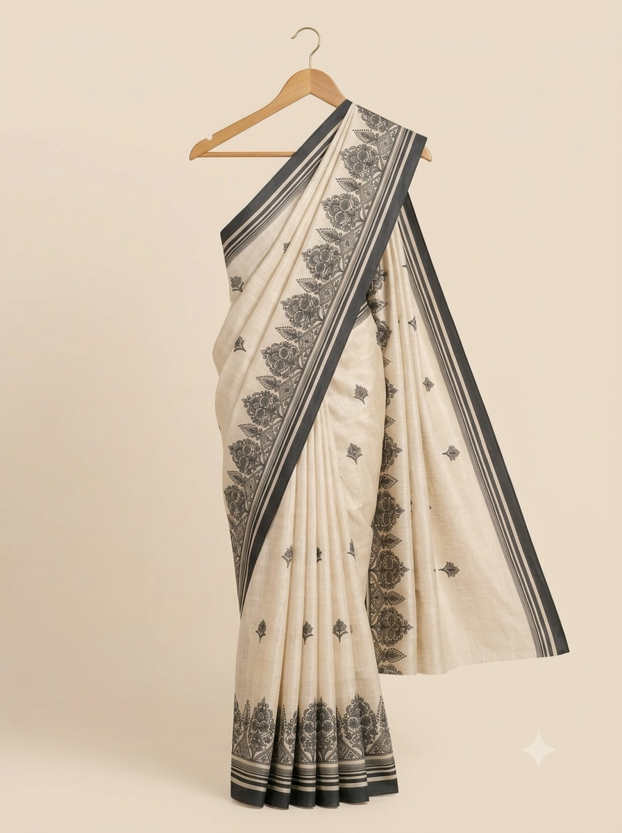 Art-Silk Ivory Saree with Charcoal Grey Floral Border - Image 2