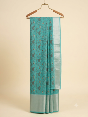 Turquoise Green Embroidered Art-Silk Saree with Golden Zari Border