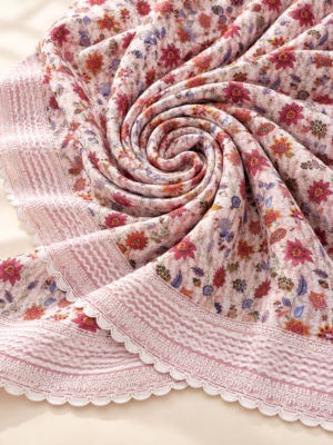 Multicolour Floral Printed Fabric with Zigzag Scalloped Border