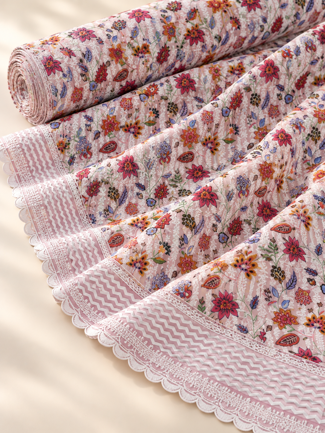 Multicolour Floral Printed Fabric with Zigzag Scalloped Border - Image 3