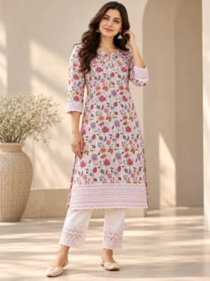 Multicolour Floral Printed Fabric with Zigzag Scalloped Border