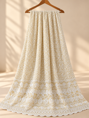 Yellow Cotton Fabric with Intricate White Embroidery & Scalloped Floral Border