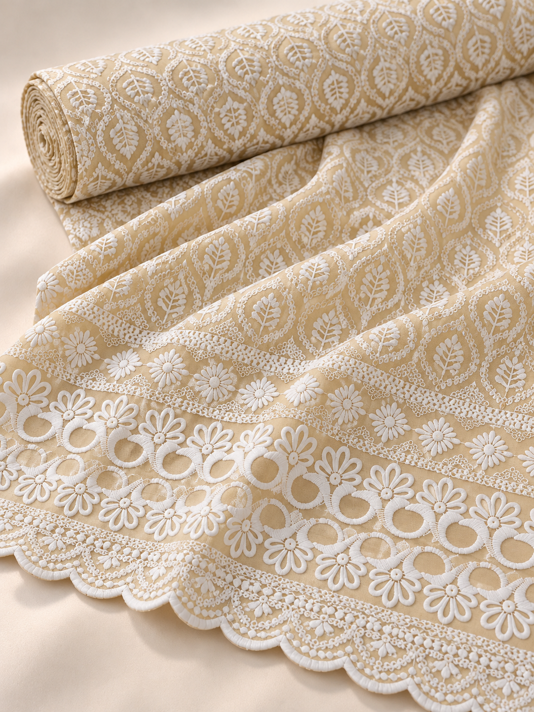 Yellow Cotton Fabric with Intricate White Embroidery & Scalloped Floral Border - Image 2
