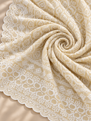 Yellow Cotton Fabric with Intricate White Embroidery & Scalloped Floral Border