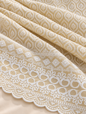 Yellow Cotton Fabric with Intricate White Embroidery & Scalloped Floral Border