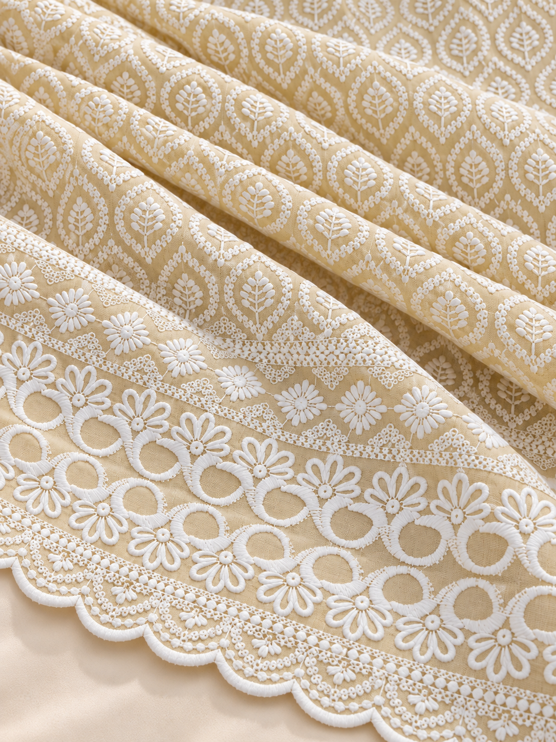 Yellow Cotton Fabric with Intricate White Embroidery & Scalloped Floral Border - Image 4