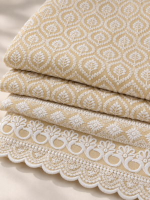 Yellow Cotton Fabric with Intricate White Embroidery & Scalloped Floral Border