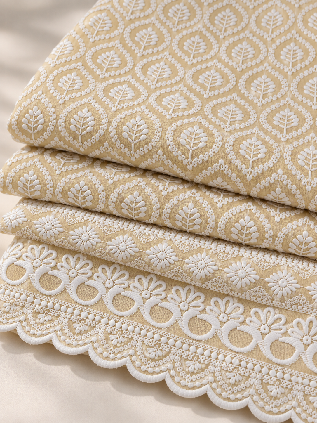Yellow Cotton Fabric with Intricate White Embroidery & Scalloped Floral Border - Image 5