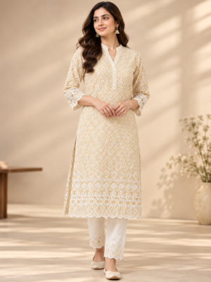 Yellow Cotton Fabric with Intricate White Embroidery & Scalloped Floral Border