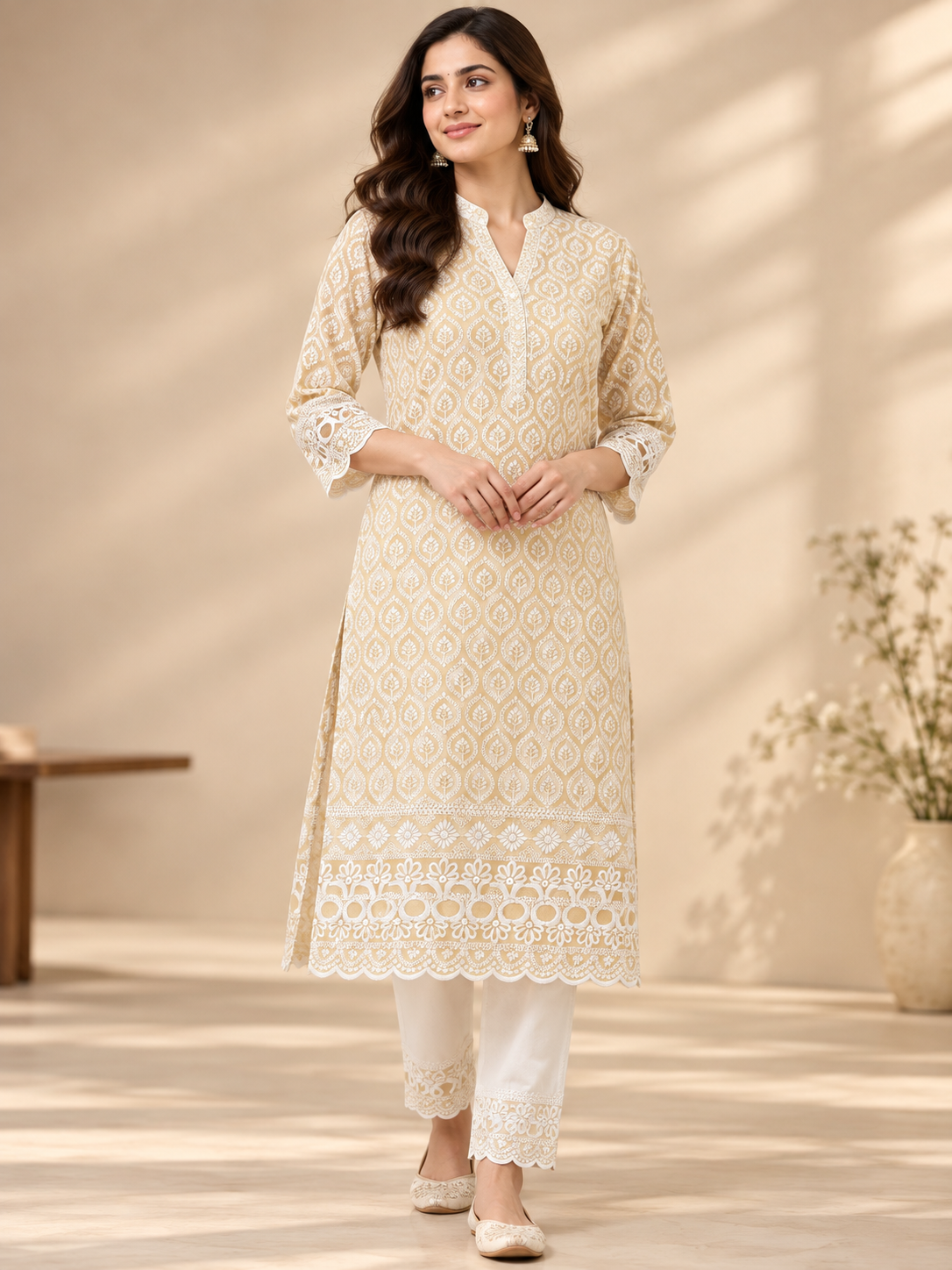 Yellow Cotton Fabric with Intricate White Embroidery & Scalloped Floral Border - Image 6