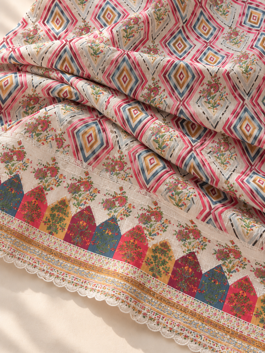 Multicolour Geometric Floral Printed Fabric with Decorative Border - Image 2