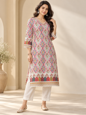 Multicolour Geometric Floral Printed Fabric with Decorative Border