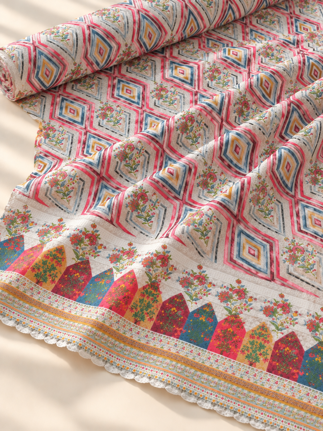 Multicolour Geometric Floral Printed Fabric with Decorative Border - Image 4