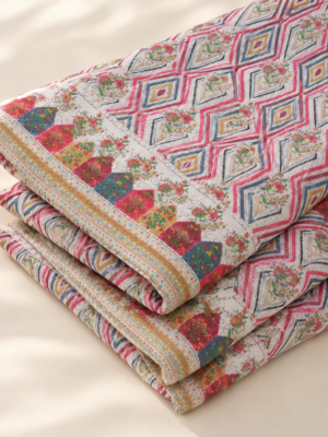 Multicolour Geometric Floral Printed Fabric with Decorative Border